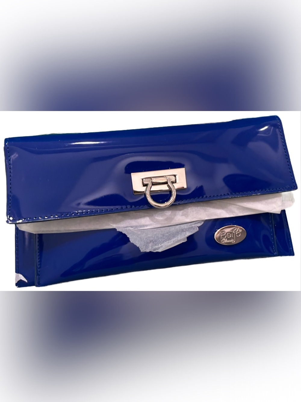 Beijo Patent Blue Clutch with Silver-Tone Accent